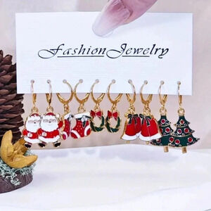 5 Pair of Miscellaneous Cute Gold Tone Dangle Christmas Earrings